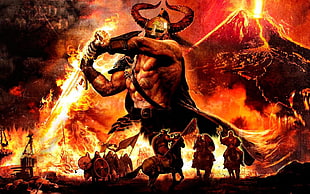 Vikings and volcano illustration, Amon Amarth, melodic death metal, Vikings, battle