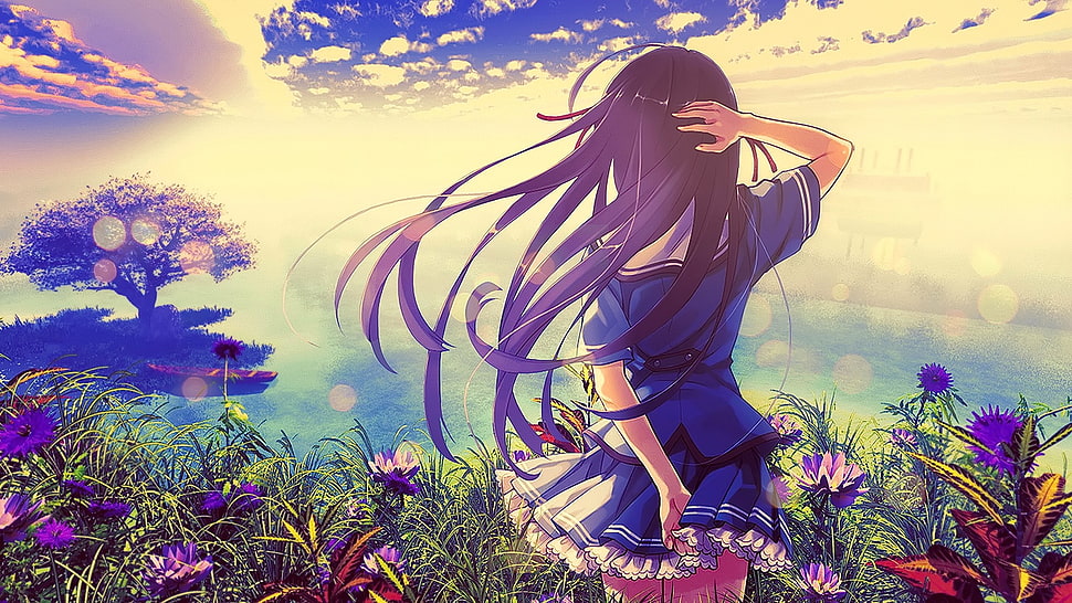 female anime character graphic wallpaper, anime, long hair, plants, Deep Blue Sky & Pure White Wings HD wallpaper