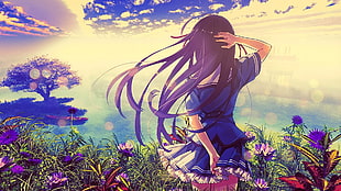 female anime character graphic wallpaper, anime, long hair, plants, Deep Blue Sky & Pure White Wings