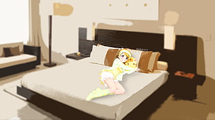 white mattress and black wooden bed frame, Koizumi Hanayo, blurred, bed HD wallpaper