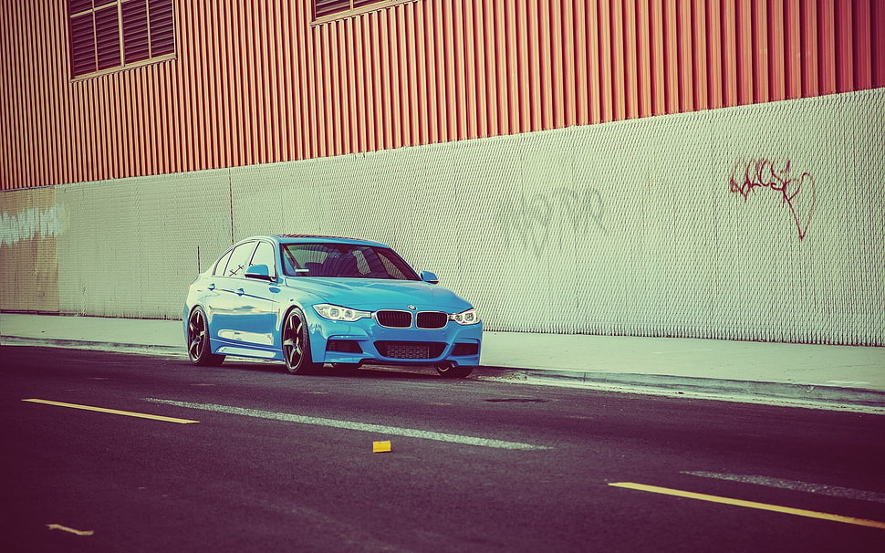 blue BMW 3-series sedan, BMW, car, road, blue cars HD wallpaper
