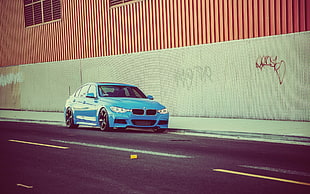 blue BMW 3-series sedan, BMW, car, road, blue cars