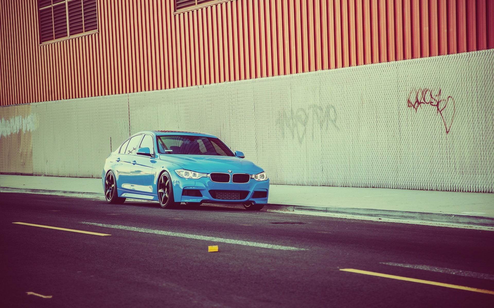 blue BMW 3-series sedan, BMW, car, road, blue cars