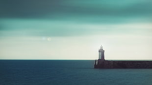 white light house, lighthouse, sea, sky, horizon