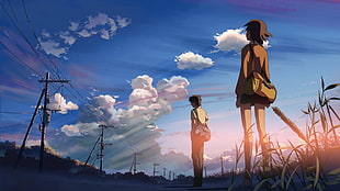 male and female anime character standing on grass, 5 Centimeters Per Second, anime, nature, clouds