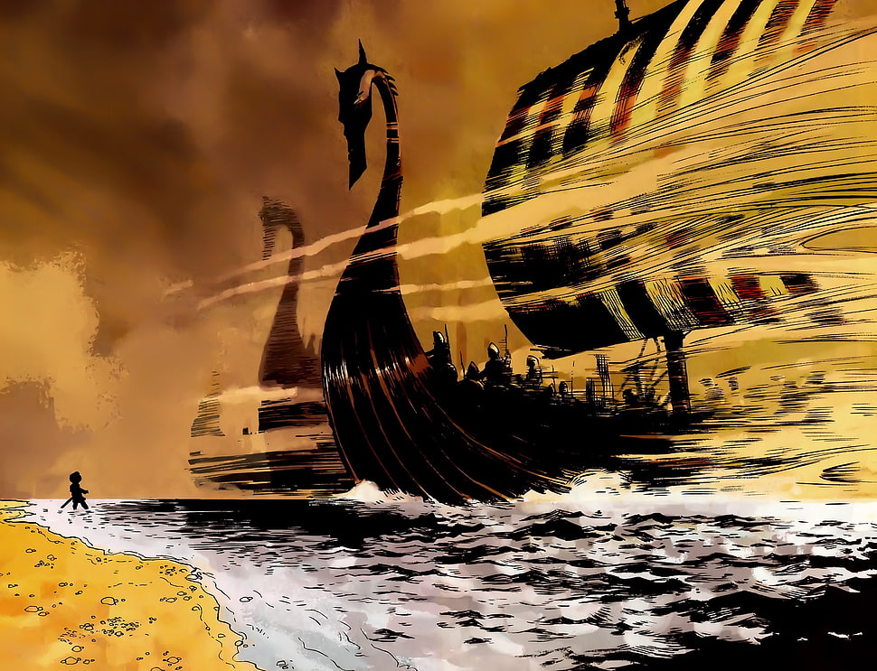 three ships digital wallpaper, fantasy art, ship, Vikings HD wallpaper