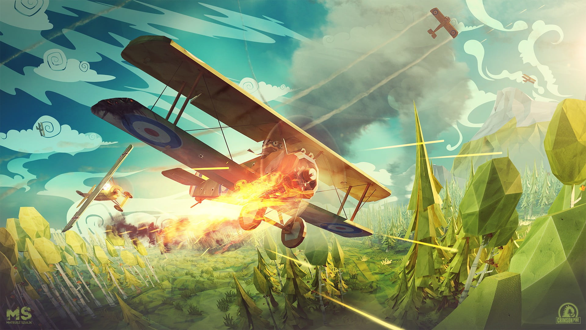 fighter plane game application digital wallpaper, digital art, low poly, Mateusz Szulik, clouds