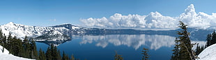 body of water near mountain ranges panoramic photo, landscape, lake, crater lake, clouds HD wallpaper