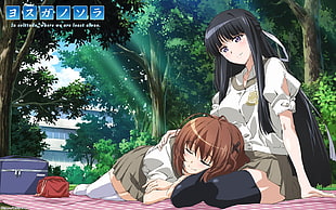 two black and brown haired female anime characters laying down near trees