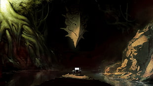 grey and black carriage beside tree and hill digital wallpaper, artwork, digital art, dragon, cave