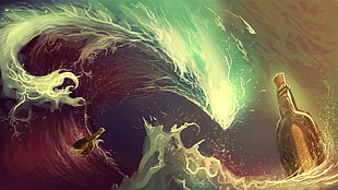 ocean wave illustration, artwork, painting, bottles, sea