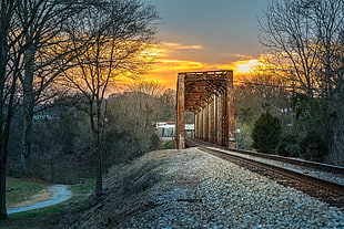 brown steel railway, railway, bridge, rust, sky HD wallpaper