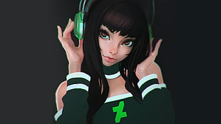 female character with green headphones illustration, digital art, artwork, anime girls, schoolgirl