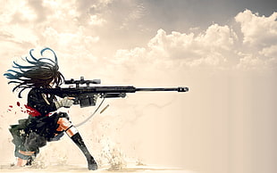 person holding rifle illustration, manga HD wallpaper