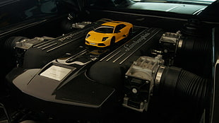 yellow Lamborghini Aventador die-cast model, Lamborghini Murcielago, engines, car