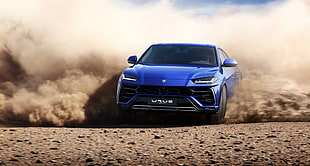 blue car on dirt road during daytime HD wallpaper