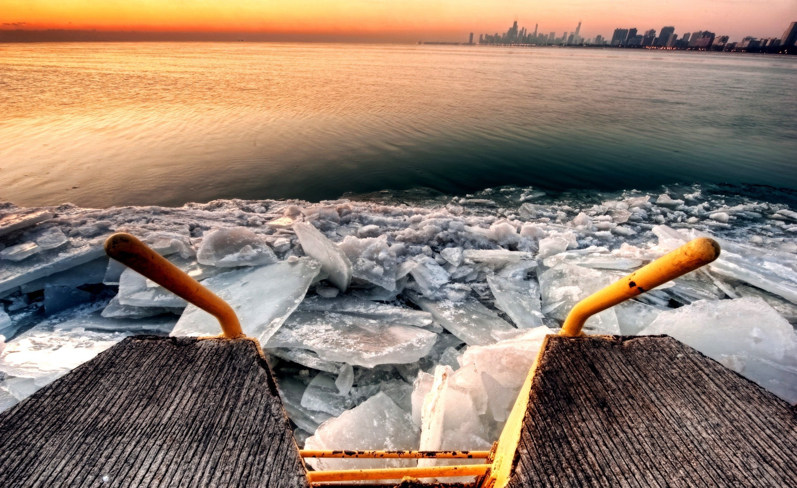 brown and black wooden frame, HDR, sea, sunset, ice