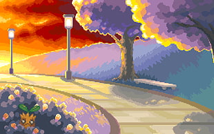 pixel art of path with lampposts, Pokémon, video games, pixels, artwork