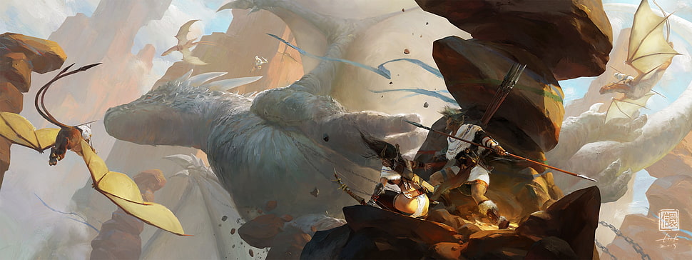 dragon illustration, fantasy art, warrior, dragon HD wallpaper