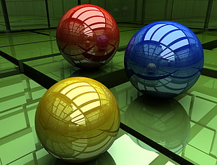 red, blue, and yellow glass balls 3D poster HD wallpaper