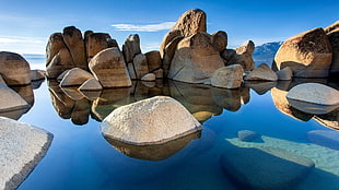 rock formation, rock, water, nature HD wallpaper