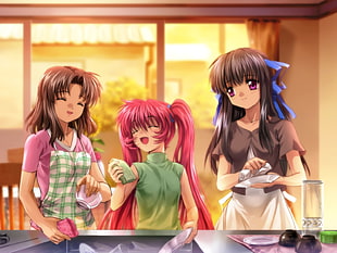 three female anime characters illustration