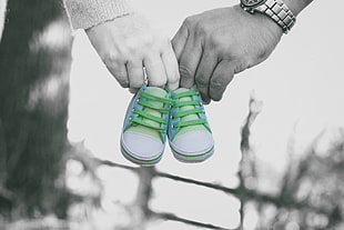 blue-and-green low-top sneakers, Shoes, Hands, Child