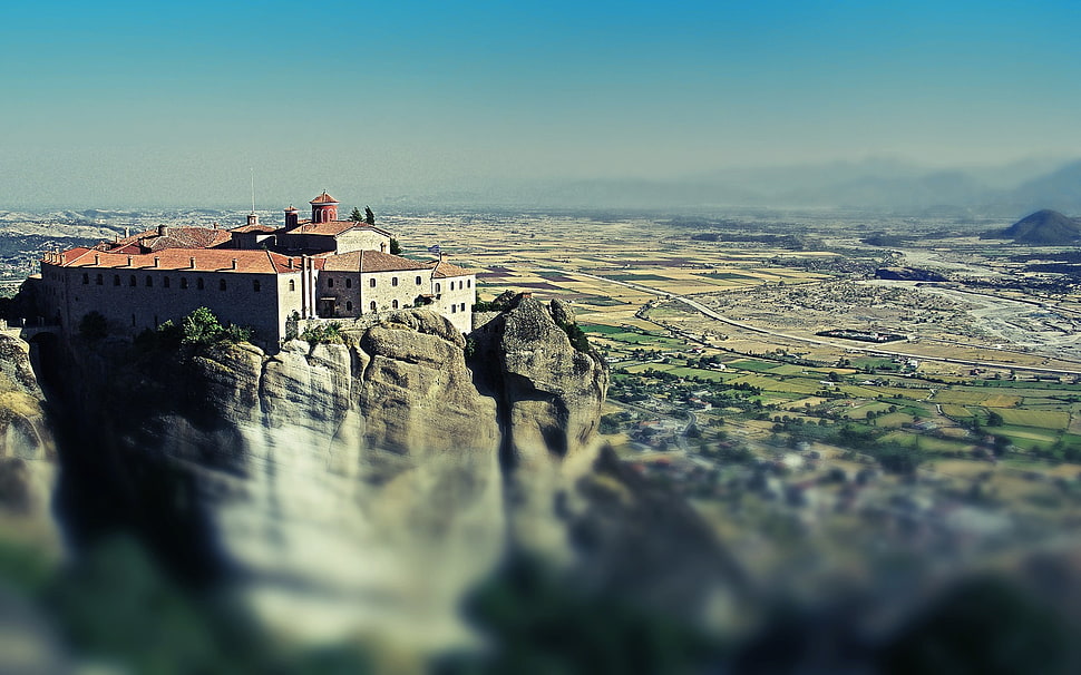white and brown building, monastery, landscape, rock HD wallpaper