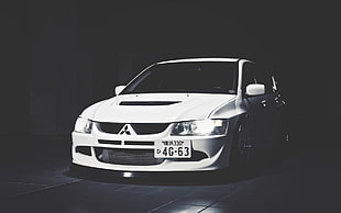 white Mitsubishi car, Mitsubishi Lancer, car, monochrome