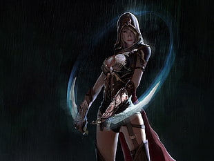 woman wearing red robe holding two blades illustration, warrior, fantasy armor