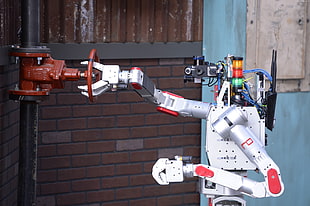 photo of gray, red, and black robot