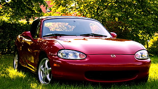red Mazda car, mx5, Mazda, grass, trees