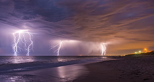 landscape, lightning, beach HD wallpaper
