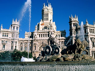 white concrete castle, fountain, Spain, Madrid