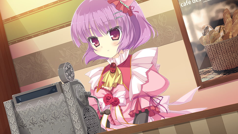 purple haired anime cashier anime girl HD wallpaper