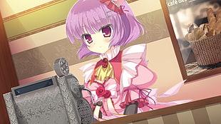 purple haired anime cashier anime girl