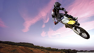 white and yellow motocross dirt bike, #rmz, dirt bikes, fullface, sport  HD wallpaper
