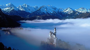 white and black castle near mountain, Alps, mountains, clouds, castle