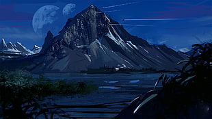 brown mountain illustration, artwork, illustration, mountains, night