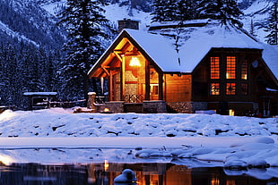 brown wooden house, hut, winter, snow, lake