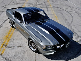silver Ford Mustang on concrete pavement