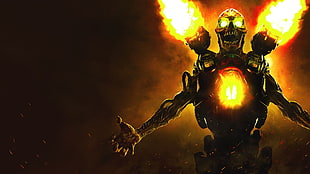 yellow skeleton with fire 3D wallpaper, Doom 4, Doom (game), Bethesda Softworks, Id Software
