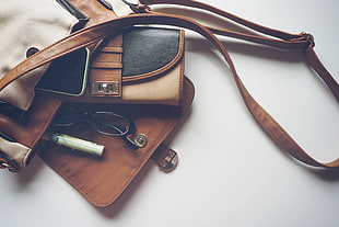 photo of brown leather crossbody bag HD wallpaper