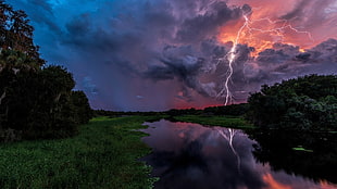 lightning photo, nature, landscape, water, reflection HD wallpaper