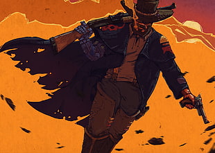 man with pump-action shotgun and revolver smoking cigar digital wallpaper, artwork, science fiction, shotgun, cowboys HD wallpaper