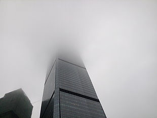 low angle photo of building covered with fog