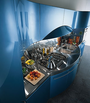blue wooden cabinetry, kitchen, modern, interior, interior design HD wallpaper