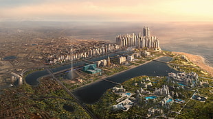 aerial photography of high rise building, digital art, futuristic, cityscape, pyramid