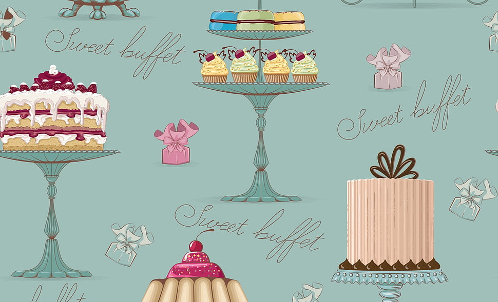 cake and cup cakes illustration HD wallpaper