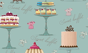cake and cup cakes illustration HD wallpaper